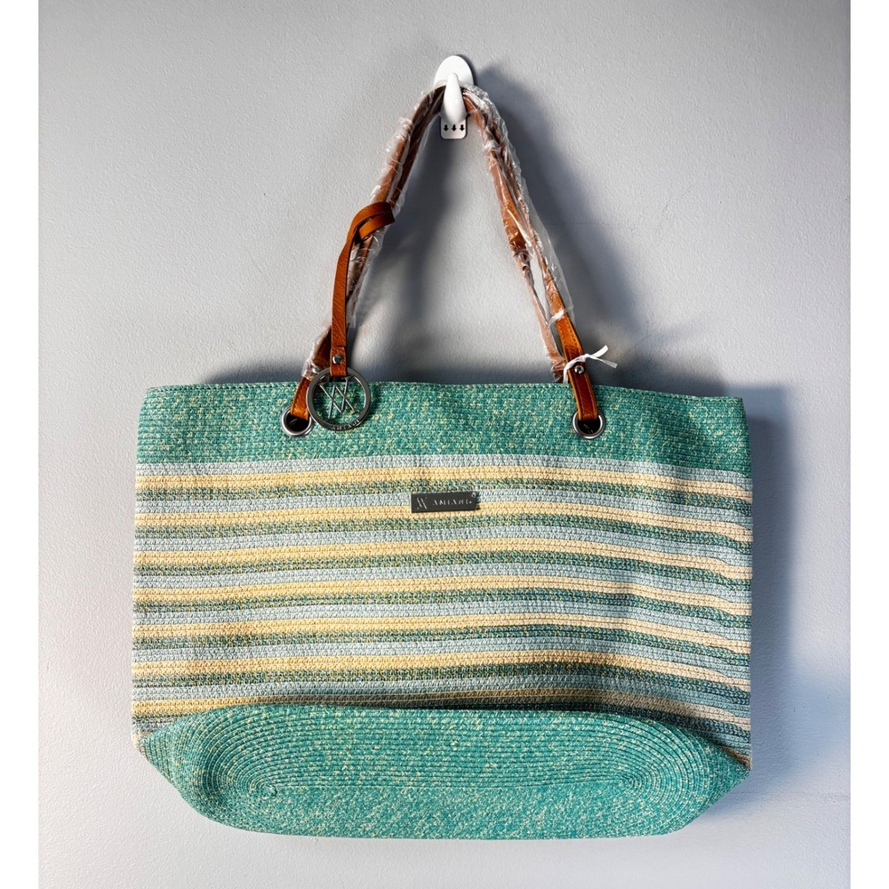 Amiani Mint Green Striped‎ Woven Straw Tote Bag Large Beach Shoulder Bag New